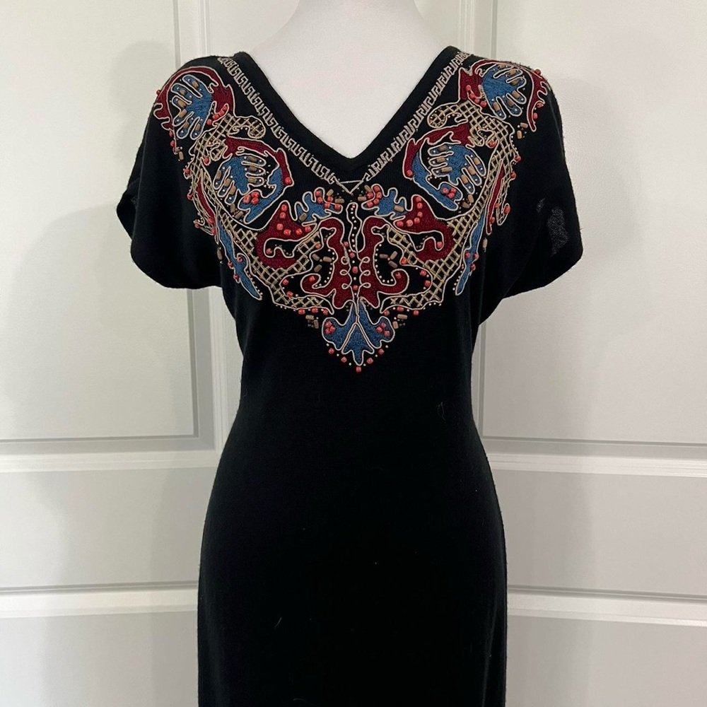 Vintage Carole Little Embroidered Black Knit Maxi A Line Maxi Dress (Size L)